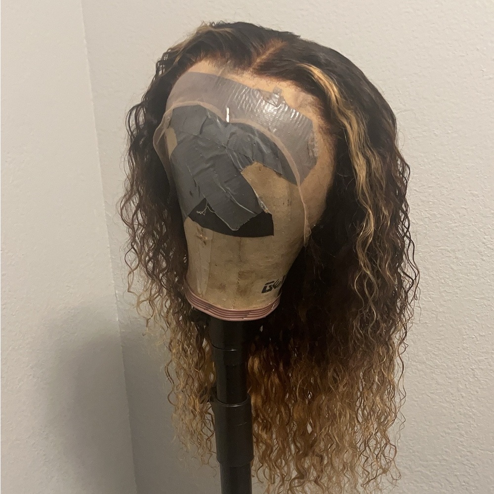 Ombre Brown and Blonde Curly Wig 22”. HD